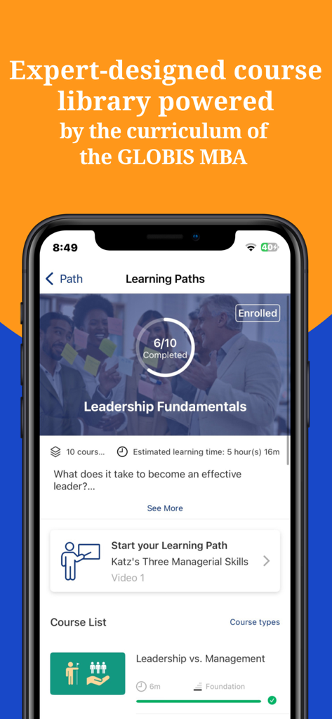 GLOBIS Unlimited - Interfaz de la aplicación GLOBIS Unlimited mostrando la ruta de aprendizaje Fundamentos de Liderazgo con el progreso del curso