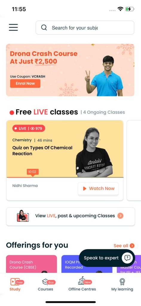 Vedantu Learning App - Vedantu Learning App dashboard showing live STEM classes and crash courses