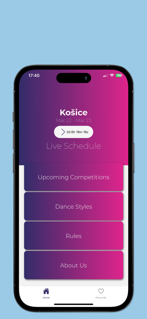 Home screen of the Showtime Dance app showing the live schedule and competition menu.