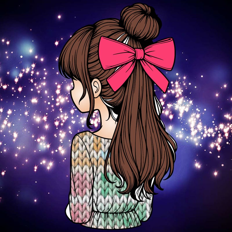 realistic girl  with hip length hair a bun and a big bow on the back of head