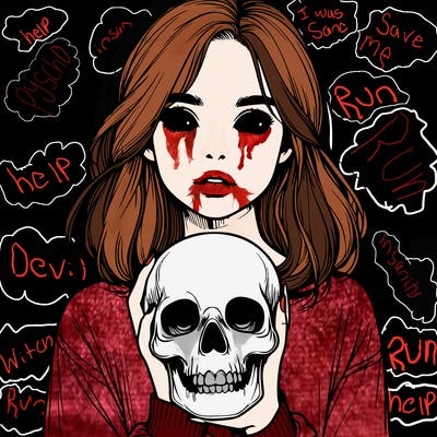 realistic girl holding a skull