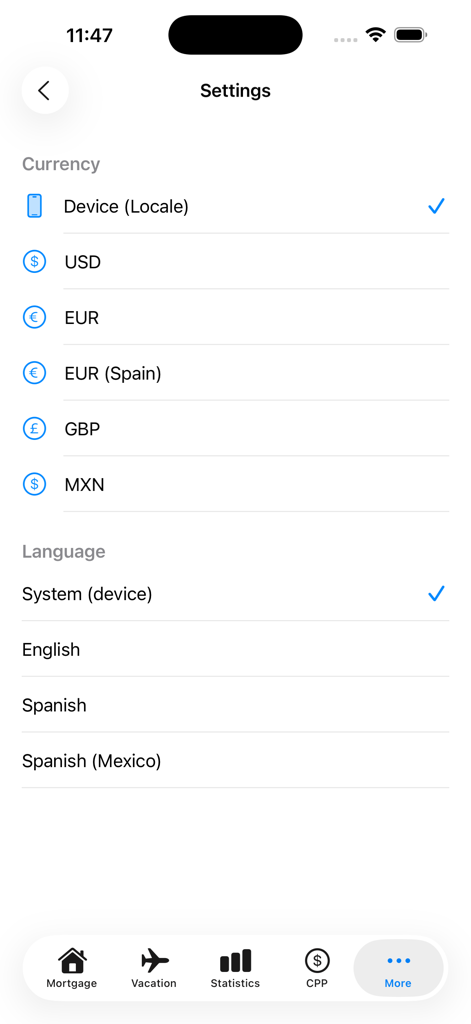 Timeshare plus app settings page displaying currency and language selection options