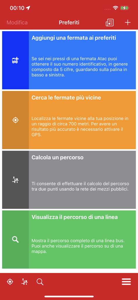 Menú principal de la aplicación Probus Rome que muestra opciones de navegación para paradas de autobús y planificación de rutas