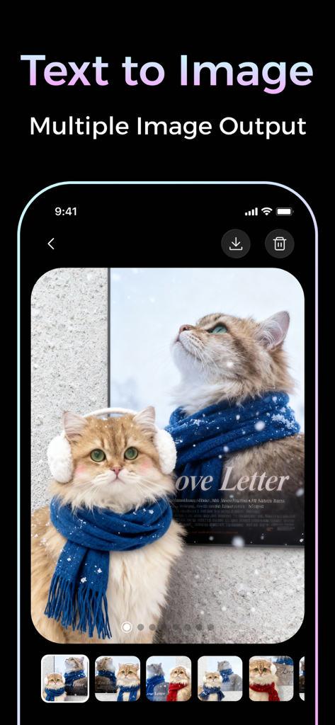 Viflux - AI Photo & AI Video - Viflux mobile app interface displaying AI generated images of cats based on a text prompt