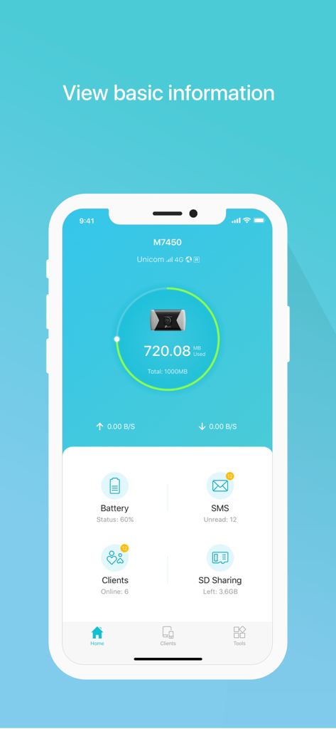 tpMiFi - tpMiFiアプリのダッシュボードで、データ使用状況とバッテリー状態を表示
