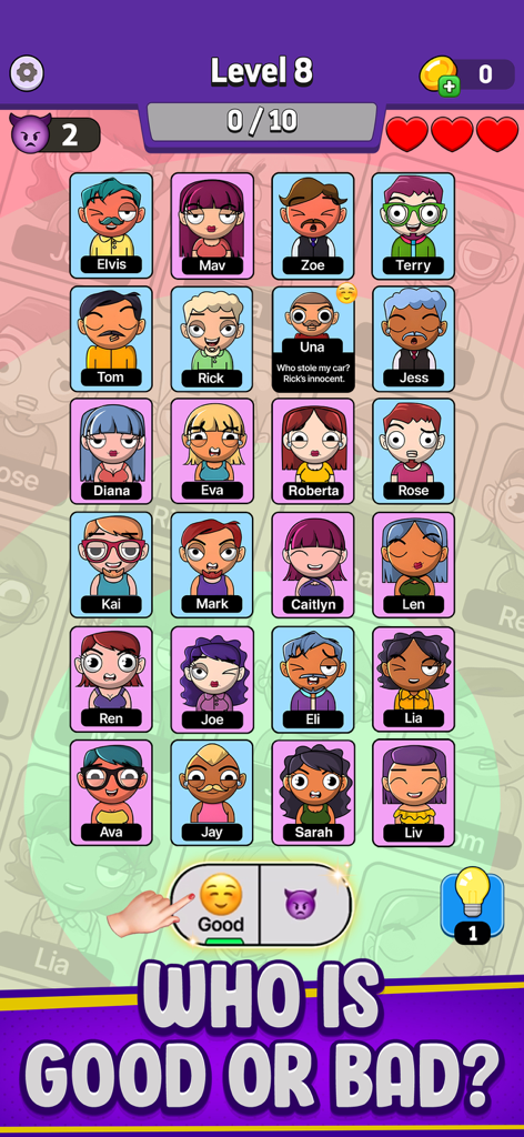 Clue Master - Logic Puzzles - Gameplay screen of Clue Master showing a grid of cartoon characters with a choice between good and bad