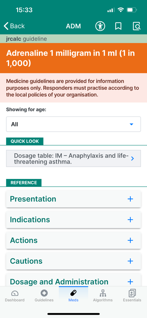 Responder Plus - Responder Plus app screen showing medical medication guidelines for Adrenaline including dosage and administration details.