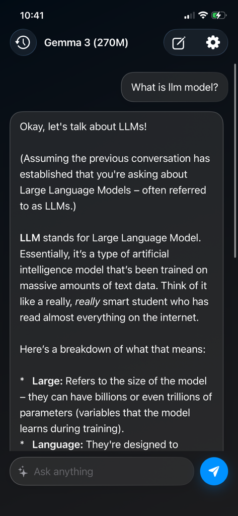 Private AI Chat: Pocket LLM - Offline chat interface explaining Large Language Models using the Gemma 3 model on iPhone