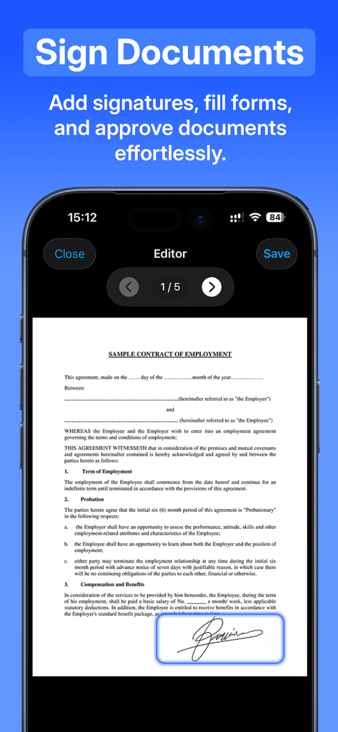 QuickSign: Sign & Scan PDF - Interface de l'application QuickSign pour ajouter une signature électronique à un document PDF