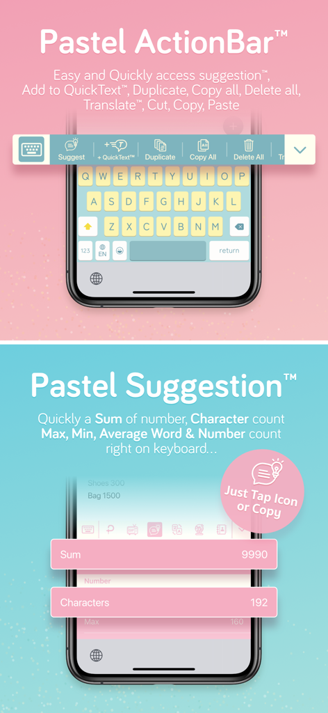 Pastel Keyboard Themes Color - Features of the Pastel Keyboard app showing the action bar and text suggestion tools in a cute aesthetic style