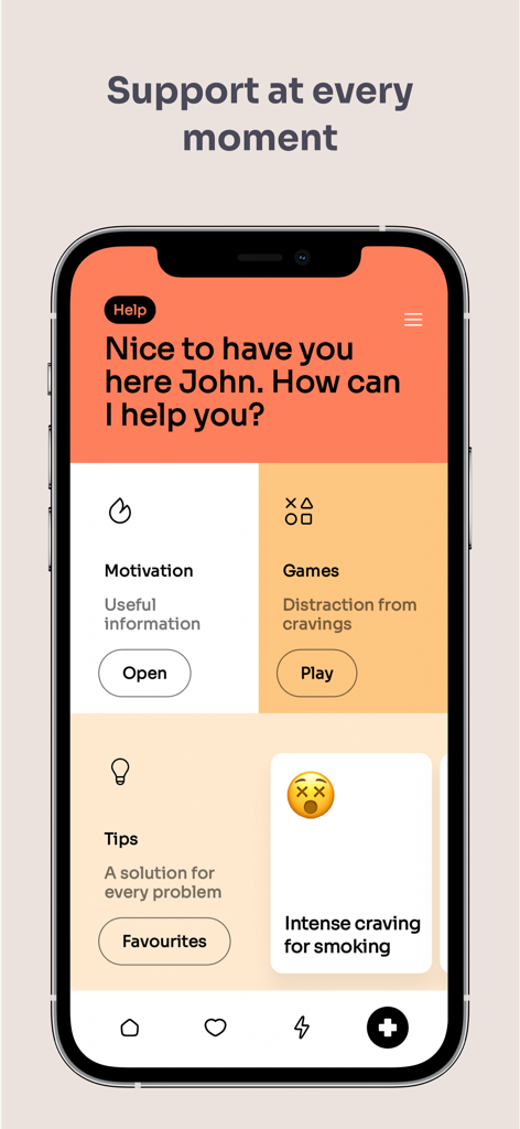 Flamy app support screen with motivation games and tips to help quit smoking