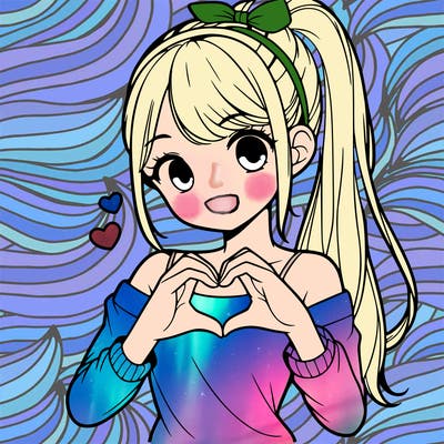 realistic girl with headband and high ponytail doing “ 💜 “ with her hands