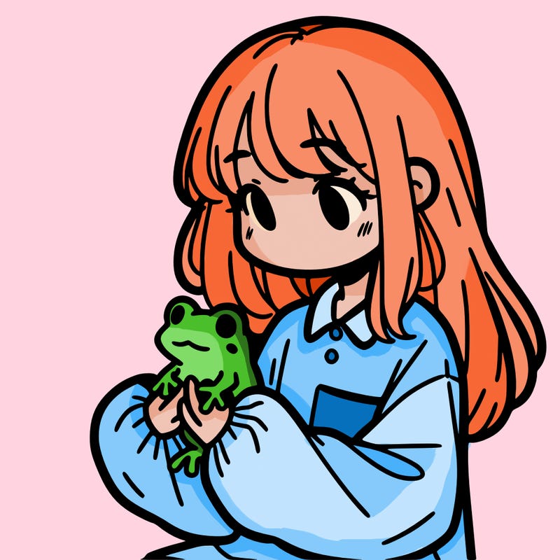 girl with long hair and a oversized shirt. and she is holding a frog