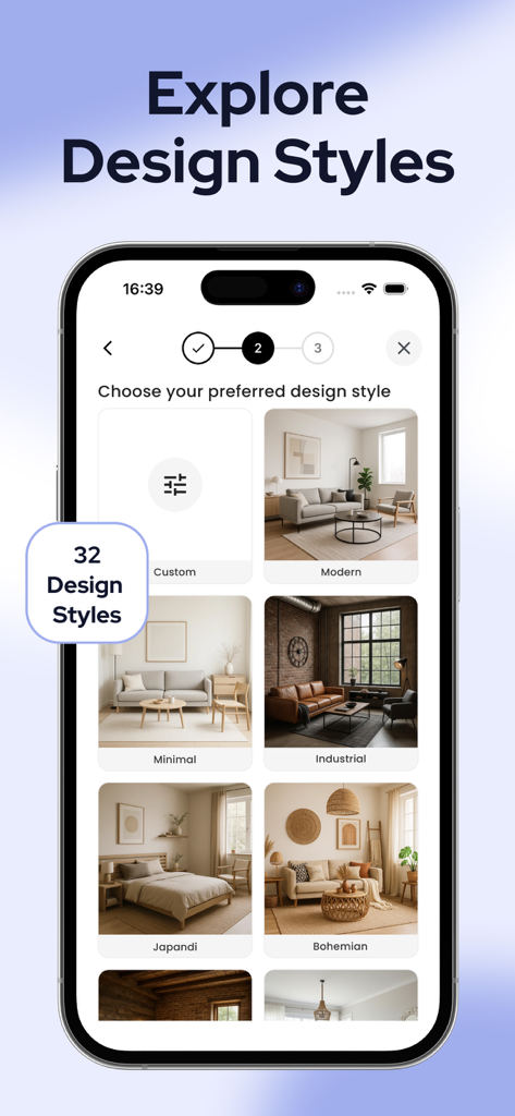 Designer Ai: Room, House Decor - Interface of Designer Ai app showing interior design styles like Modern, Minimal, and Industrial