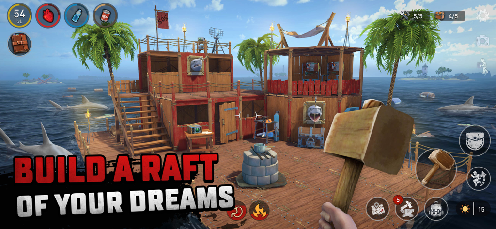 Gameplay of Raft Survival Ocean Nomad showing a large custom wooden raft in a shark-infested ocean