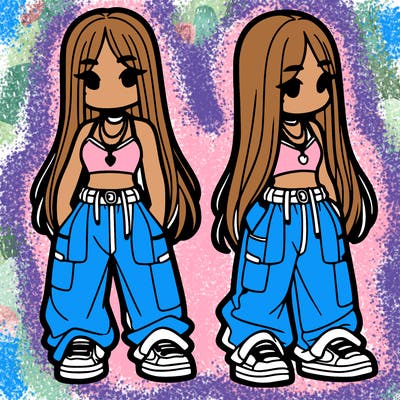 girl in baggy pants crop top and long hair