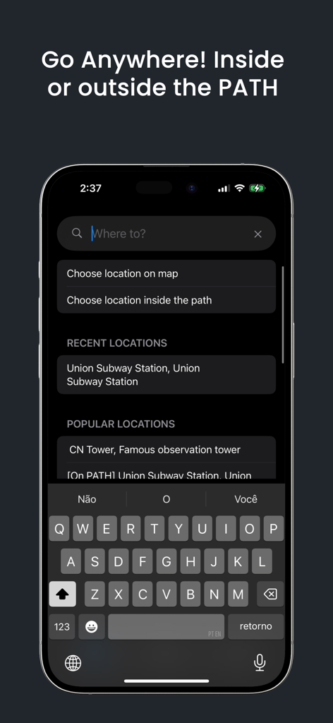 Toronto Path - Toronto Path app search screen for indoor and outdoor navigation