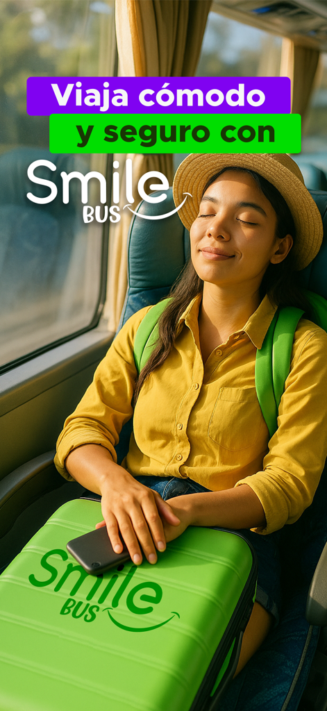 Smilebus - 快適なSmilebusの旅でリラックスして笑顔の若い女性
