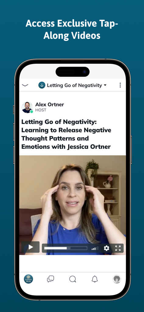 The Tapping Hub - iPhone screen displaying an exclusive tap-along video session with Jessica Ortner titled Letting Go of Negativity