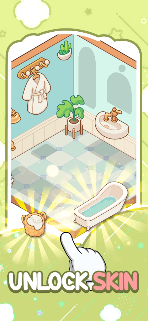 Tidy Home: Unpack and Decor - Unlocking a new bathtub skin in a cozy 2D bathroom scene