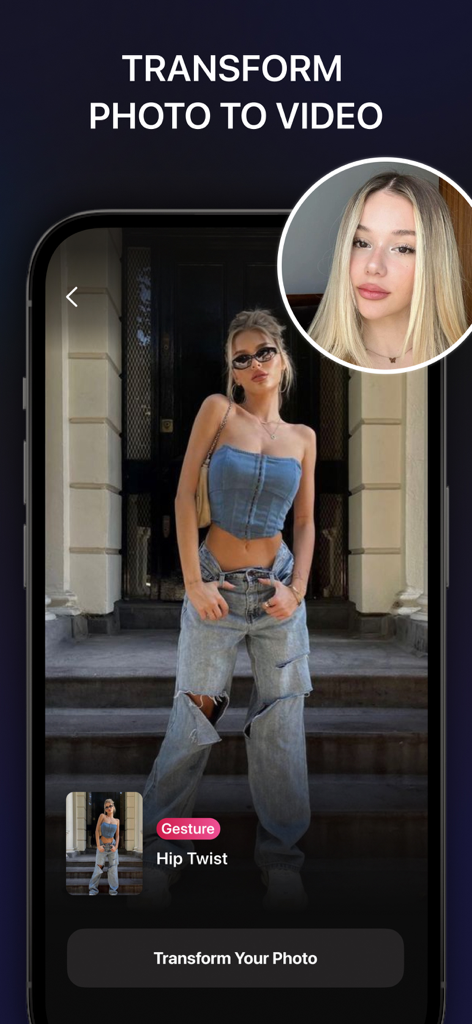 Vity-App-Bildschirm, der die Funktion "Foto zu Video transformieren" mit einer angesagten Hip-Twist-Geste zeigt