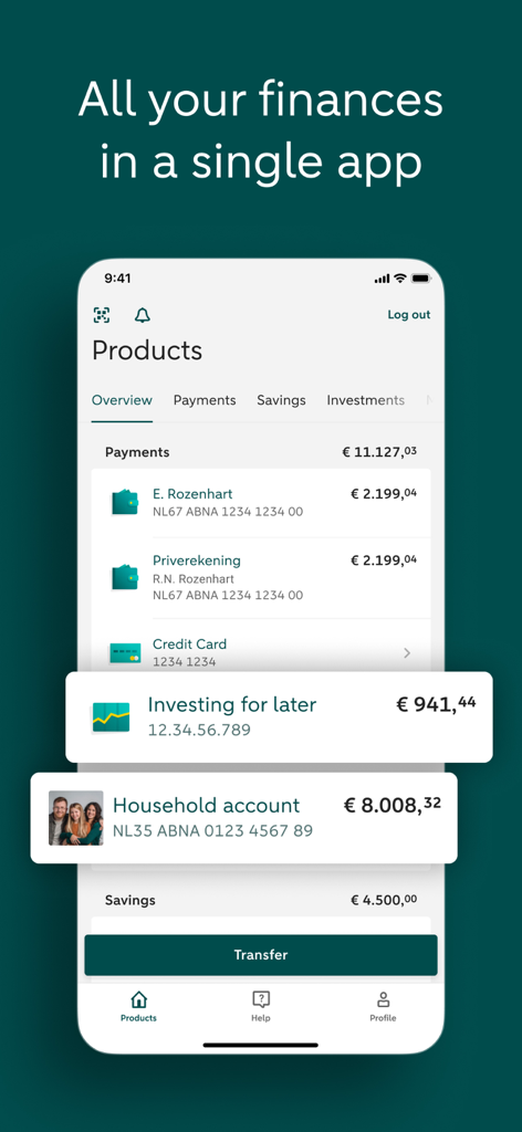 Interface do aplicativo móvel ABN AMRO exibindo um resumo de contas bancárias e investimentos