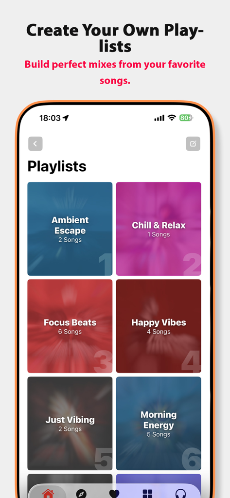 Music IR app interface showing various curated playlists like Chill and Relax, Focus Beats, and Morning Energy
