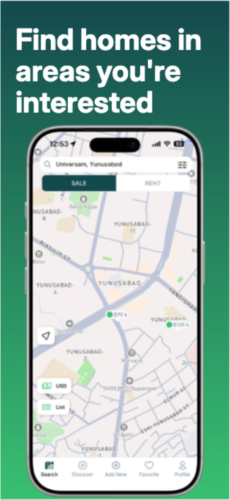Makon - Map view showing real estate for sale in the Makon app for Uzbekistan property.