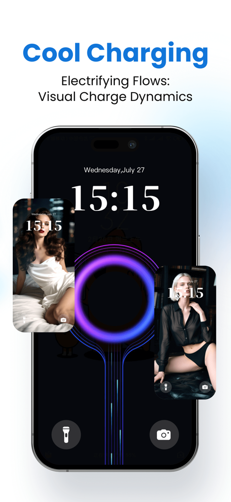 IPhone lock screen showcasing custom cool charging animation with visual charge dynamics and portrait wallpapers.