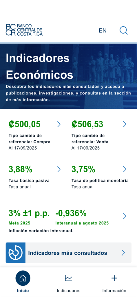 Central Bank of Costa Rica economic indicators app dashboard showing exchange rates and inflation