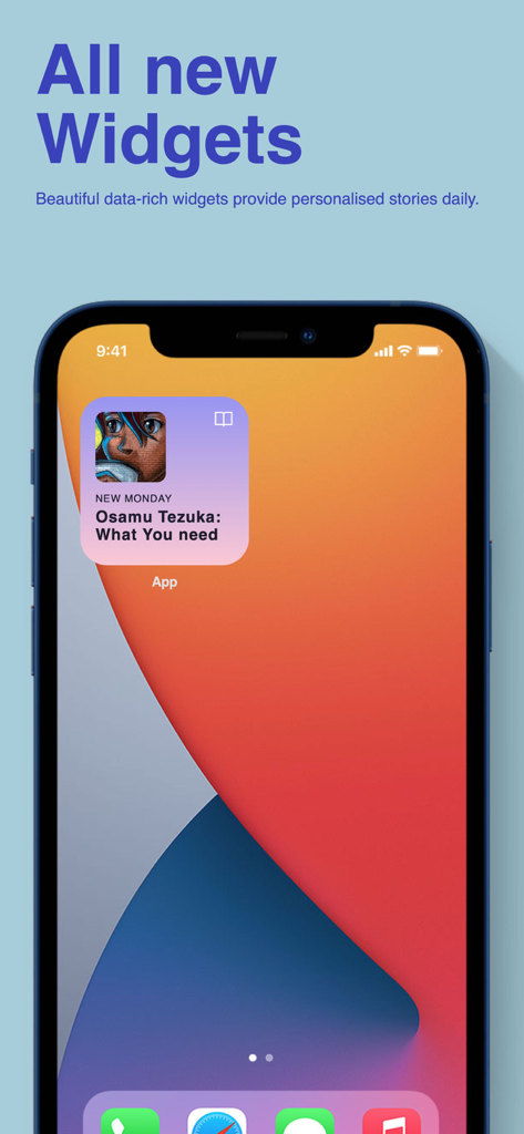 Drawing Anime Step by Step - iPhone home screen displaying a personalized widget for the Drawing Anime Step by Step app featuring a story about Osamu Tezuka.