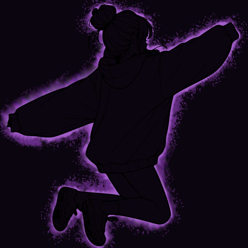 realistic girl jumping with a bun and oversized sweatshirt