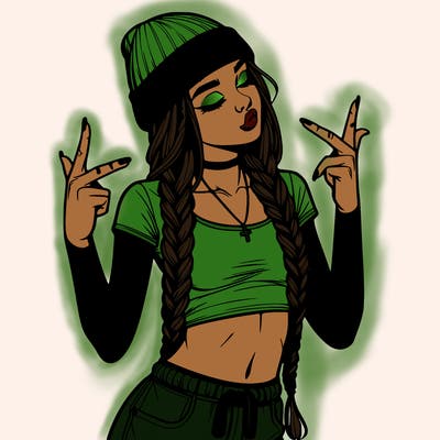 realistic teenage girl with braids and a beanie and crop top doing 🫶🏼