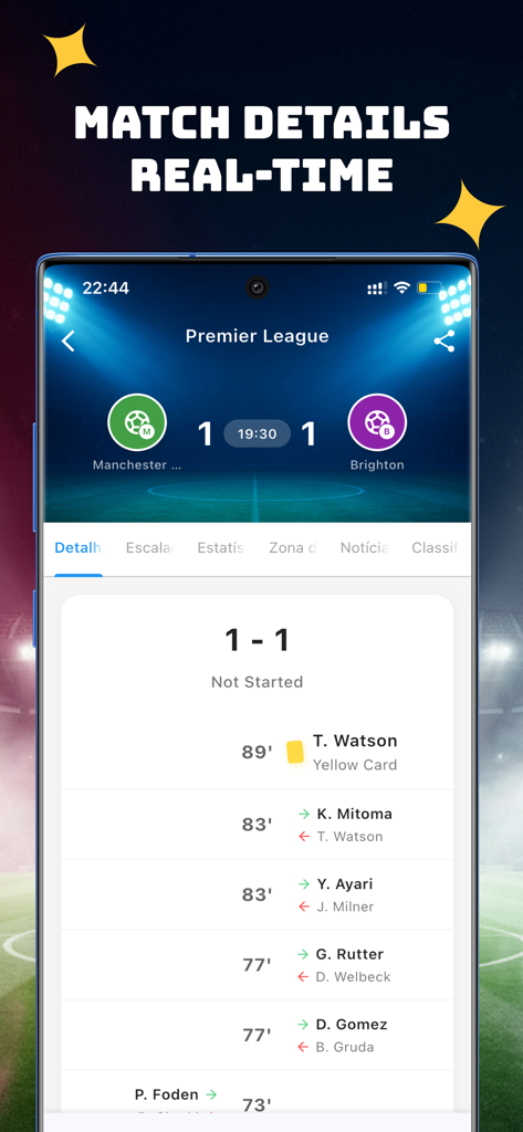 FutBR - futebol Ao Vivo - Dettagli e statistiche delle partite di calcio in tempo reale che mostrano punteggi e sostituzioni dei giocatori