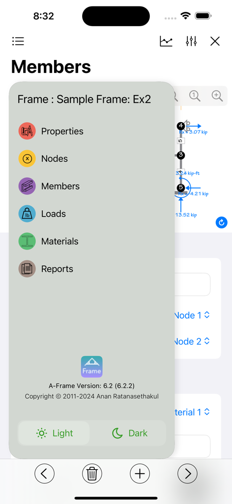 A-Frame - A-Frame mobile app menu for 2D frame structural analysis calculation