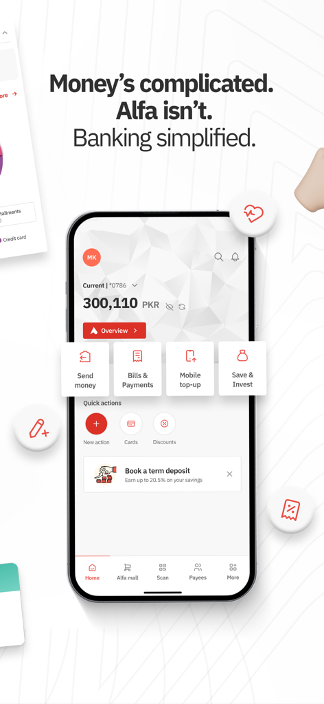 Schermata iniziale dell'app Alfa di Bank Alfalah su un iPhone che mostra il saldo del conto in PKR e le opzioni per trasferimenti di denaro e pagamenti di bollette.