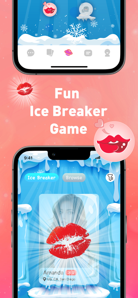 Interfaz de la aplicación de citas para adultos HMU mostrando la función de juego para Romper el Hielo con una tarjeta de perfil de usuario