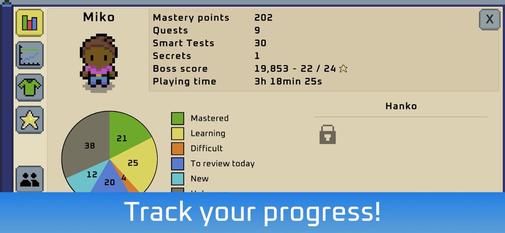 Wagotabi: Learn Japanese - Pixel art profile screen in the Wagotabi app displaying learner statistics and a progress pie chart