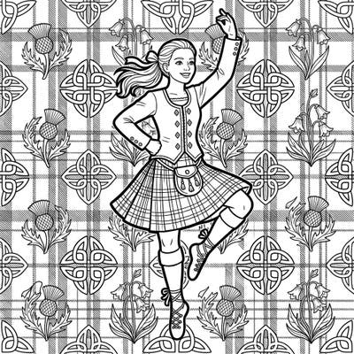 Step into the lively world of Scottish culture with this enchanting coloring page, featuring a spirited Highland dancer in mid-performance. Immerse yourself in the intricate details of traditional attire and a rich Celtic background, perfect for a creative escape.