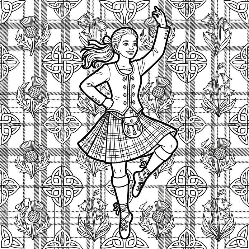 Step into the lively world of Scottish culture with this enchanting coloring page, featuring a spirited Highland dancer in mid-performance. Immerse yourself in the intricate details of traditional attire and a rich Celtic background, perfect for a creative escape.