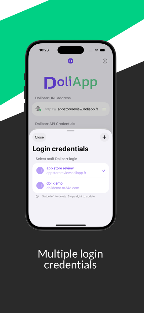 DoliApp: My Dolibarr ERP CRM - DoliApp-Oberfläche, die die Funktion für mehrere Anmeldeinformationen zur Verwaltung verschiedener Dolibarr ERP CRM-Server anzeigt.