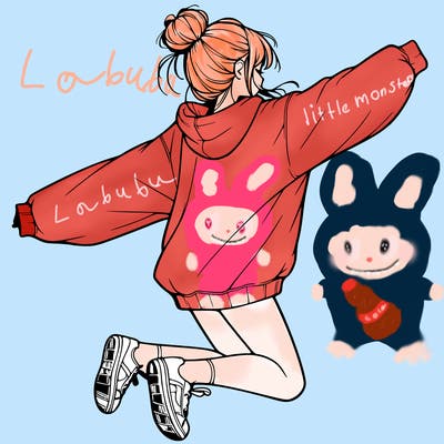 realistic girl jumping with a bun and oversized sweatshirt
