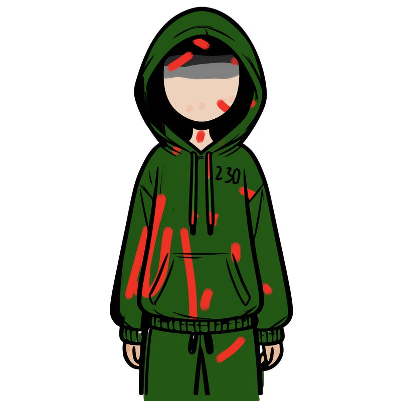faceless girl in a tracksuit with a hood on and no hair