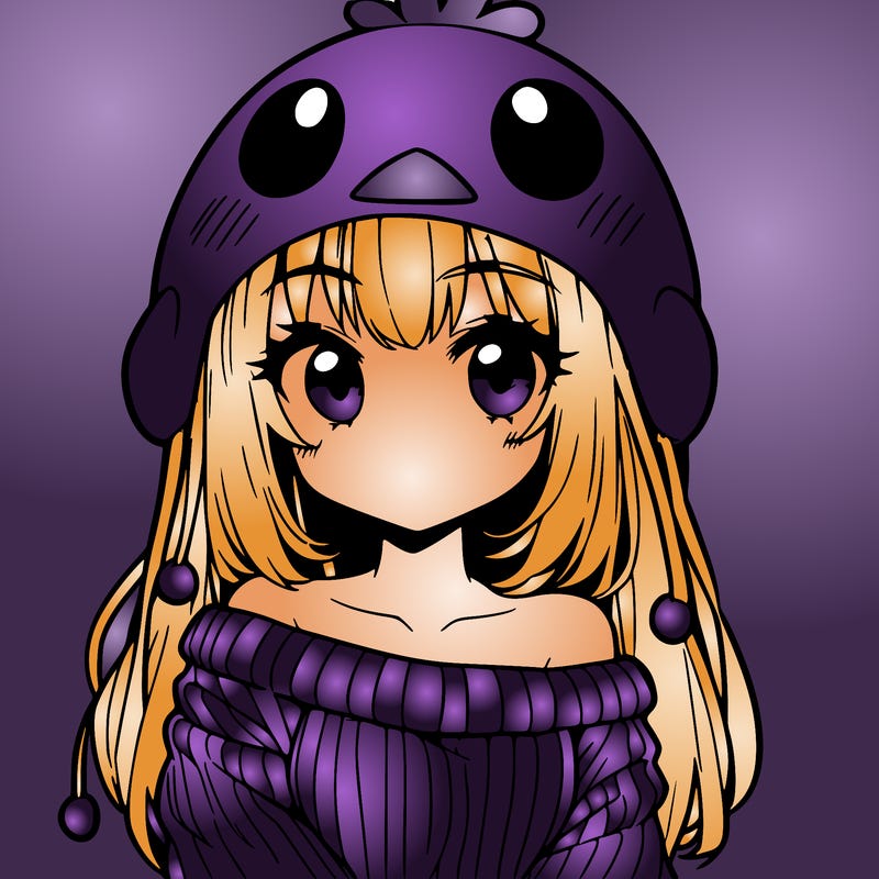 anime girl with chick shaped hat with sweater with bare shoulders with bangs covering them one eye with low tail