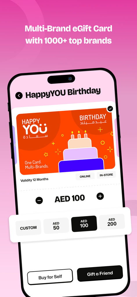 YOUGotaGift - YOUGotaGift app screen displaying a HappyYOU Birthday multi-brand eGift card for AED 100 with gifting options.
