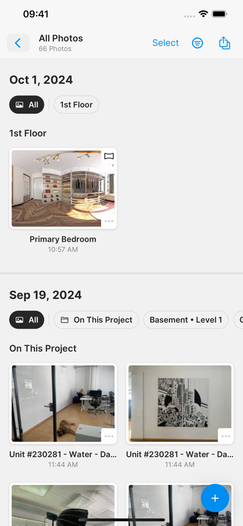 A screen showing organized project photos and documentation within the magicplan app.