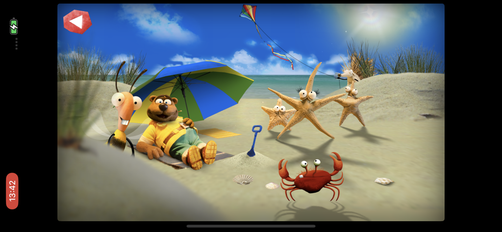 Bollo der Bär und seine Freunde entspannen an einem sonnigen Strand mit einer Krabbe und einem Seestern