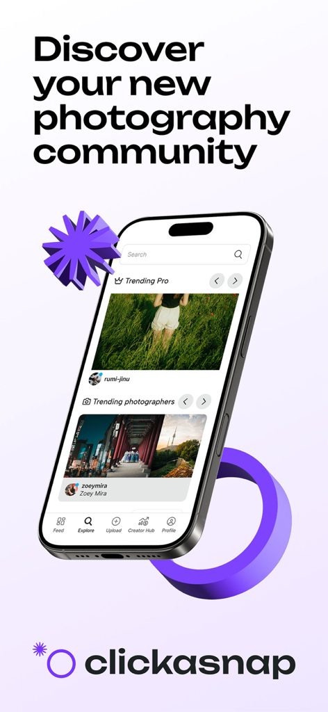 clickasnap - ClickASnap mobile app interface showing trending photographers and professional photography community