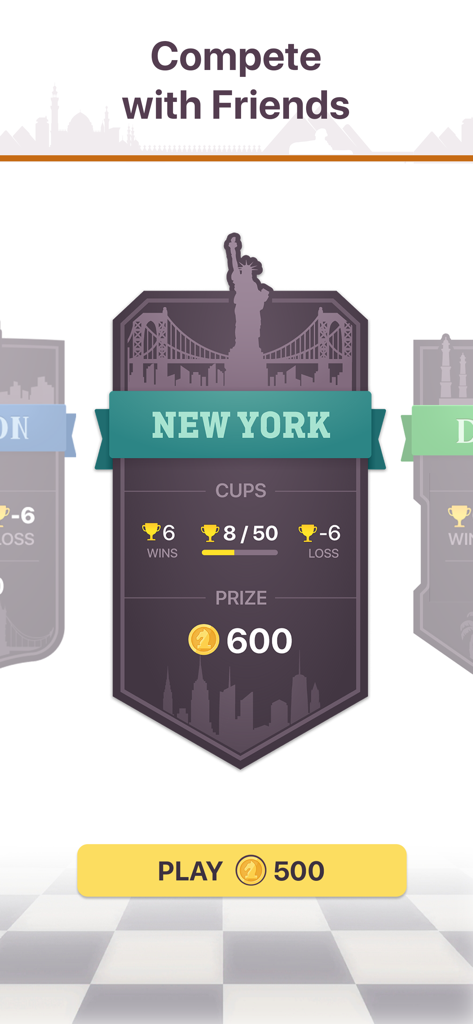 Pantalla de la aplicación móvil Chess Royale que muestra una tarjeta de torneo temática de Nueva York con estadísticas de victorias/derrotas y recompensas.