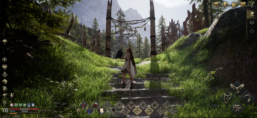 Legend of YMIR - Uma personagem feminina segurando um corvo em degraus de pedra em uma floresta nórdica exuberante do jogo Legend of YMIR.